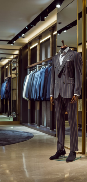 Striped dark suit displayed on a mannequin in a luxury store setting.