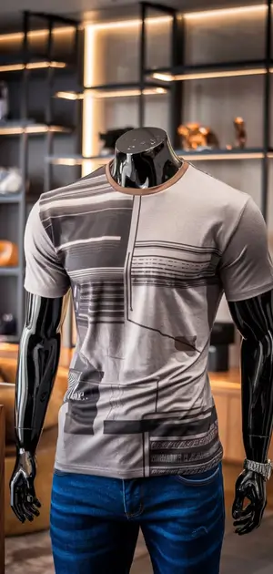 Grey abstract lines T-shirt on a mannequin