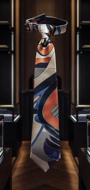 Curved abstract pattern tie displayed