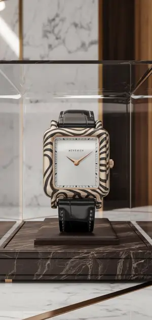 Rectangular watch with a swirl abstract design in gold and black