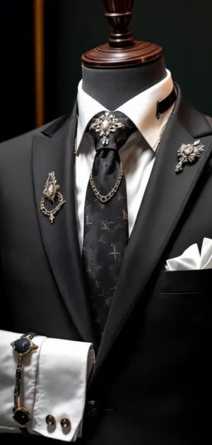 Black suit with chain accessories, brooches, and a patterned black tie
