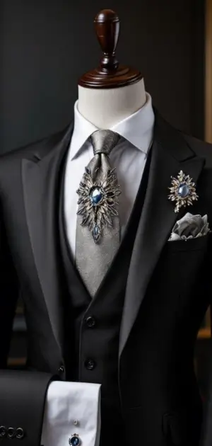 Black suit with silver tie, blue gemstone brooch, and matching pocket square