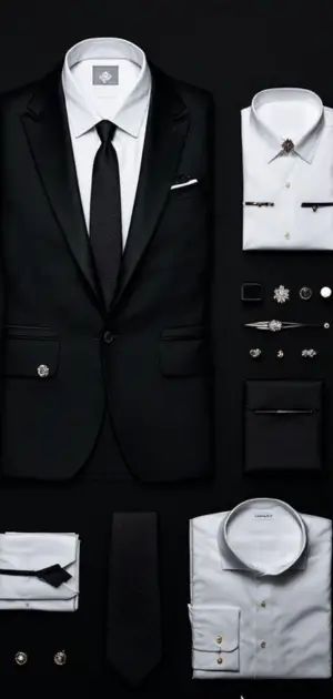 Black suit with a variety of coordinated accessories and white shirts