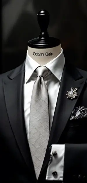 Black Calvin Klein suit with a silver patterned tie and floral brooch