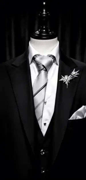 Classic black suit with a striped silver tie and a decorative brooch