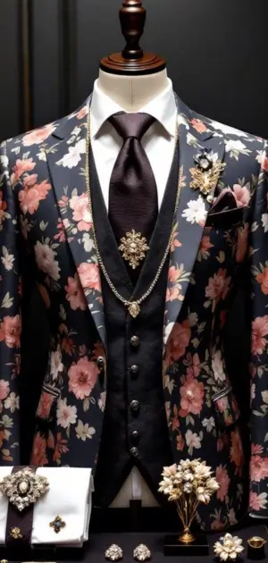 Floral suit with black vest, maroon tie, chain brooch, and floral accessories