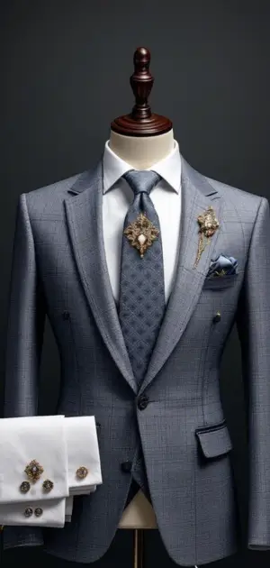 Light blue suit with patterned tie, ornate brooch, and cufflinks