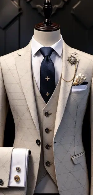 Beige geometric suit with navy tie, chain brooch, and floral pocket square.