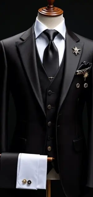 Black suit with silver star brooch and detailed cufflinks