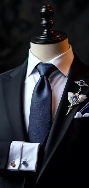 Black suit with blue tie and gemstone brooch