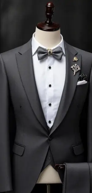 Charcoal grey suit with a grey bow tie and decorative brooches
