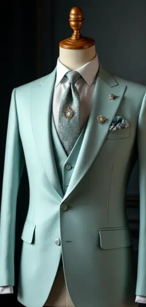 Mint green suit with patterned tie and floral brooches