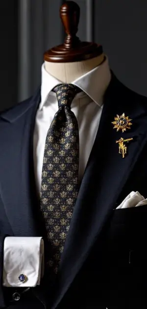 Dark navy suit with a floral-patterned tie and gold lapel pins