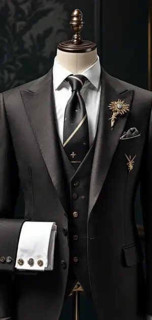 Charcoal suit with black striped tie and statement brooch