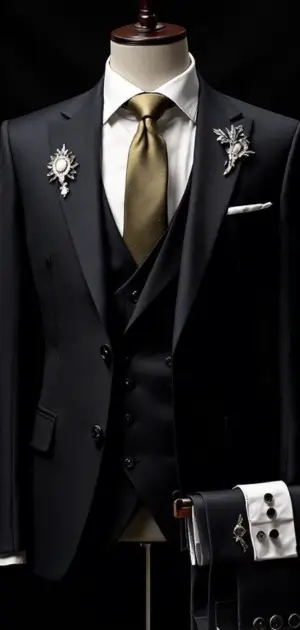 Black three-piece suit with a gold tie and silver brooches