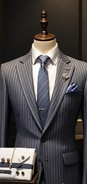 Light grey pinstripe suit with blue tie, brooch, and pocket square