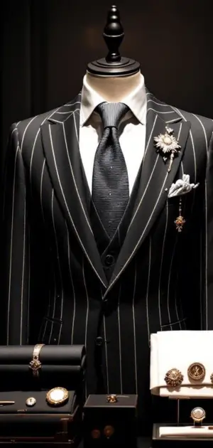 Black pinstripe suit with dark tie, brooch, and luxury accessories