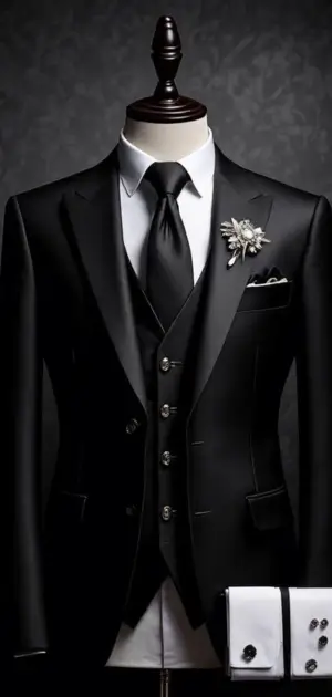 Black three-piece suit with a black tie and silver floral brooch
