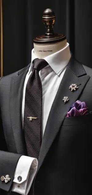 Charcoal suit with a dark textured tie and purple pocket square