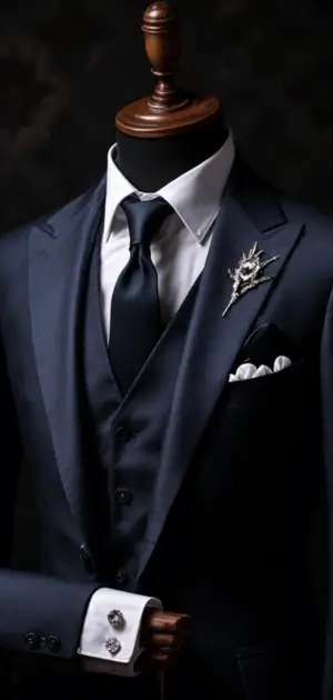 Navy suit with a black tie and silver brooch