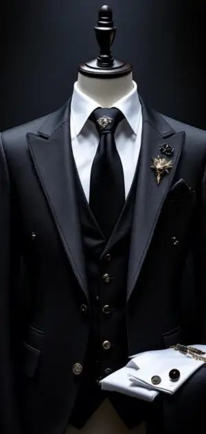 Black suit with silver accessories and an embroidered tie
