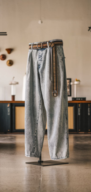 Loose-fit acid-wash jeans with a brown belt displayed in a minimalist setup