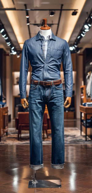 Classic athletic-fit jeans styled with a casual shirt on a mannequin