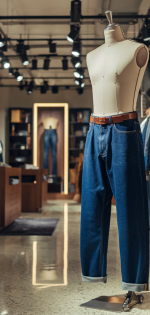 Mannequin dressed in athletic-fit jeans and a denim shirt.
