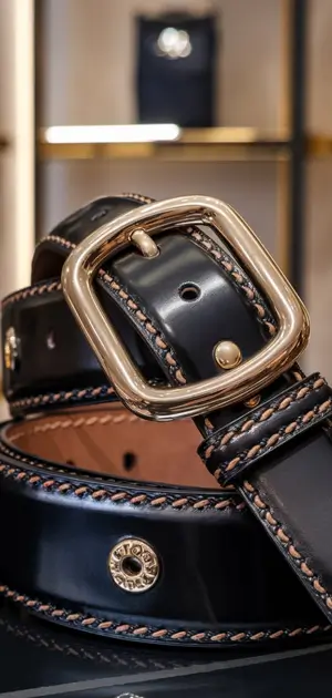 Black belt with a square gold buckle and fine stitching details.