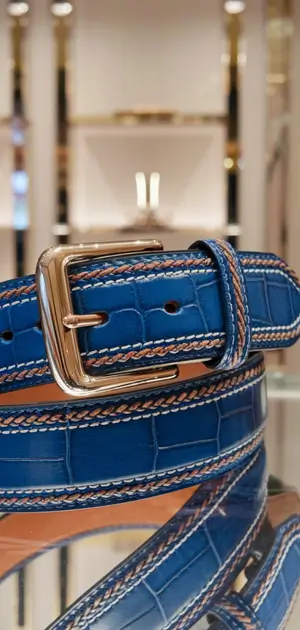 Croc-embossed blue leather belt with a polished silver buckle