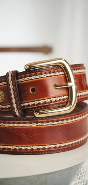 Tan leather belt with clean stitching and a polished gold buckle.
