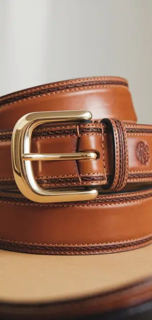 Rich brown leather belt with layered stitching and a gold buckle.