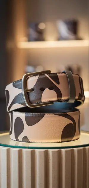 Camouflage-patterned men's belt on display stand