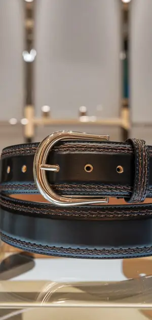 Black leather belt with a round gold buckle and brown stitching.