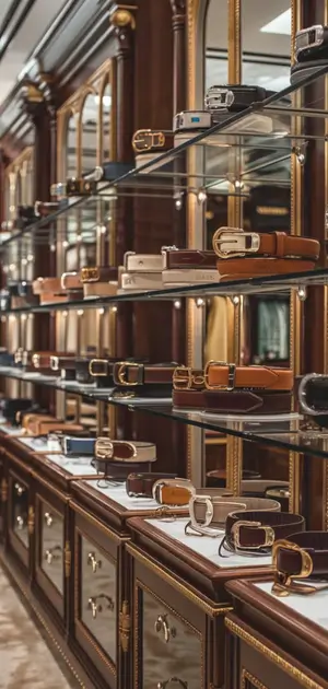 collection of classic belts for men arranged elegantly on wooden and glass shelves.