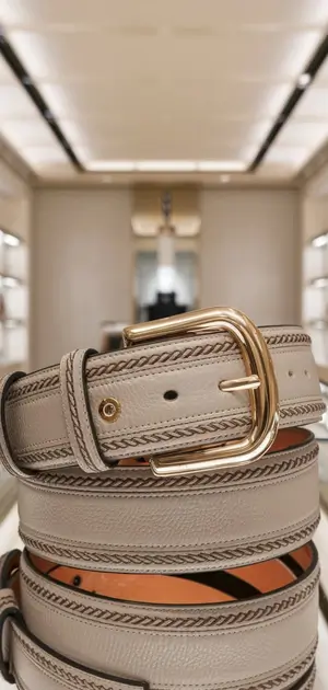 Light beige belt with decorative stitching and a gold buckle showcased in a premium store.