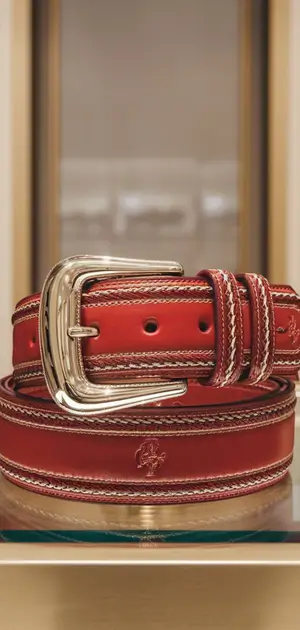 Red belt with intricate stitching and a metallic buckle on display