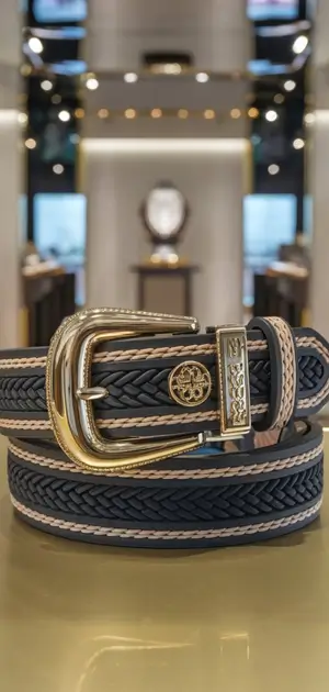 Black rubber belt with beige braiding and a decorative golden buckle in a showroom