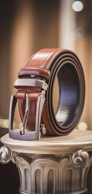 Reddish-brown leather belt with a chunky buckle