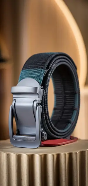 Green and black sports belt for men on a modern pedestal