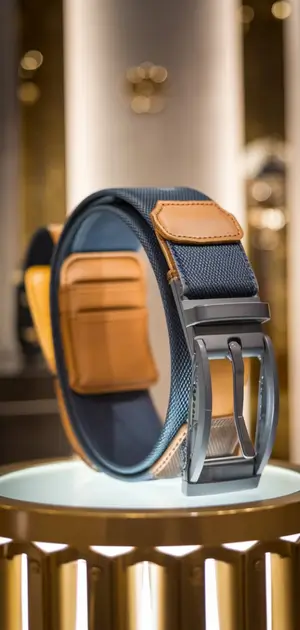Orange accented travel belt for men on a golden pedestal