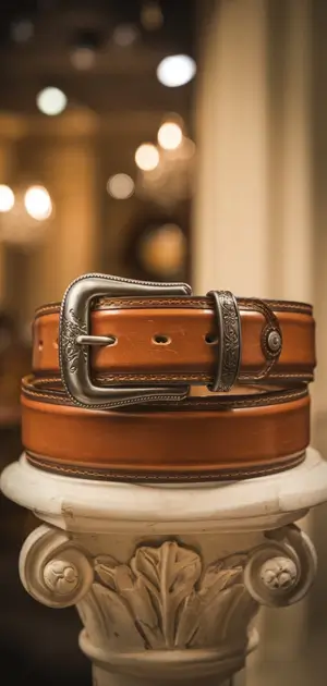 Stamped leather vintage belt on a column