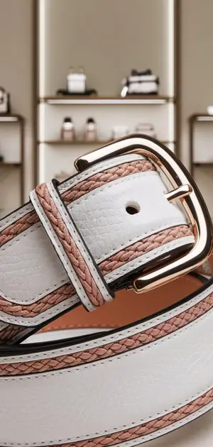 White belt with woven brown accents and a gold buckle in a high-end boutique.