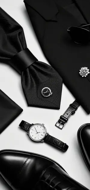 Black suit with French cuff shirt and lapel pin