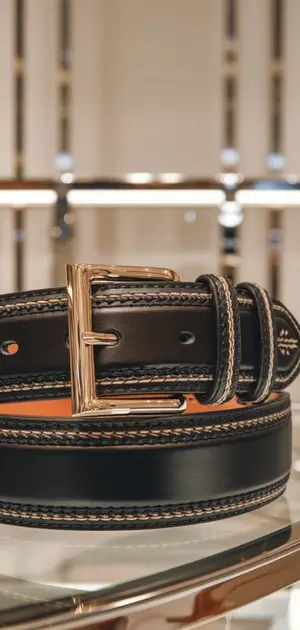 Black leather belt with intricate stitching and a polished gold buckle in a luxury showroom.