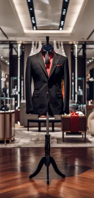 Black blazer with striking red lapel highlights