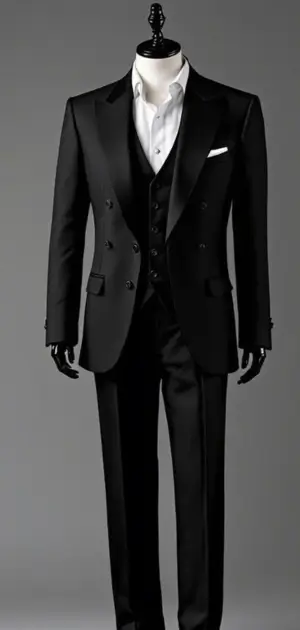 A black double-breasted suit with a waistcoat and white dress shirt on a mannequin