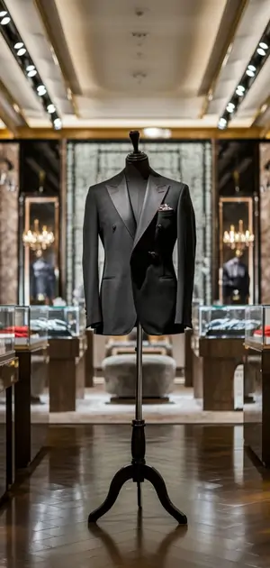 Black blazer with subtle lapel details in luxury store.