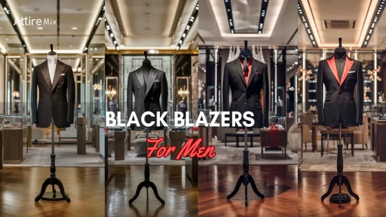 Four black blazers for men displayed in a luxury store.