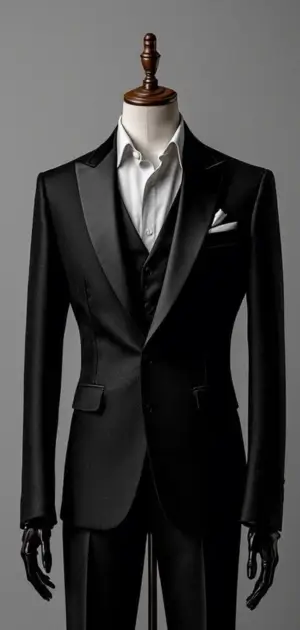 A black suit with satin lapels, a waistcoat, and a white dress shirt on a mannequin